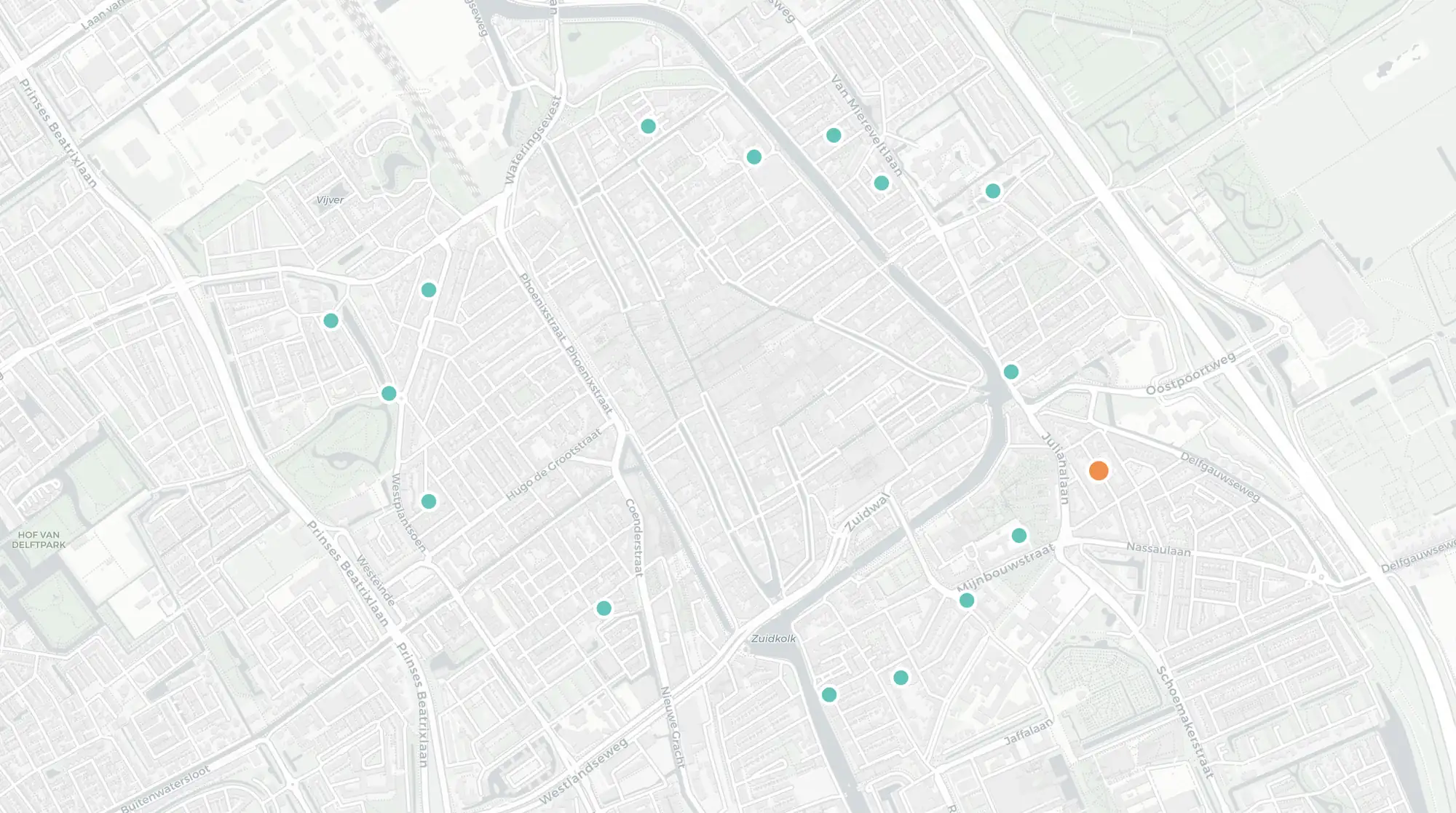 Kaart van Delft met stippen voor studentenhuizen
